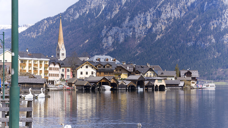 Lake, village, church, Alps, Hallstatt